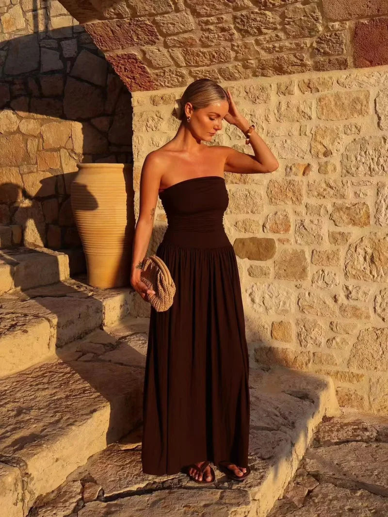 Women's Strapless Pleated Maxi Dress – Elegant Summer Style