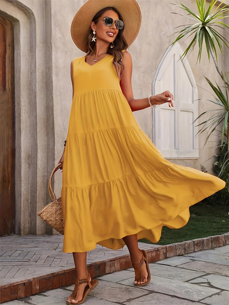 Women's Sleeveless Tiered Maxi Dress – Flowy Summer Style