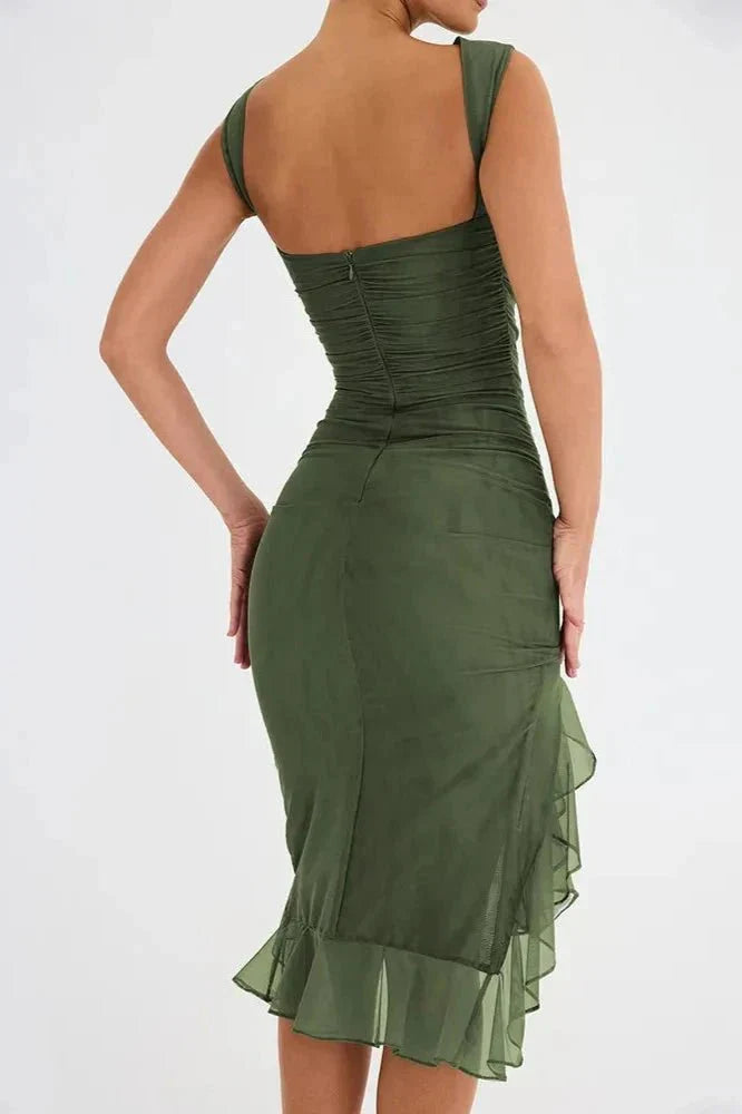 Women's Ruched Sleeveless Midi Dress – Wedding Guest Elegant Style