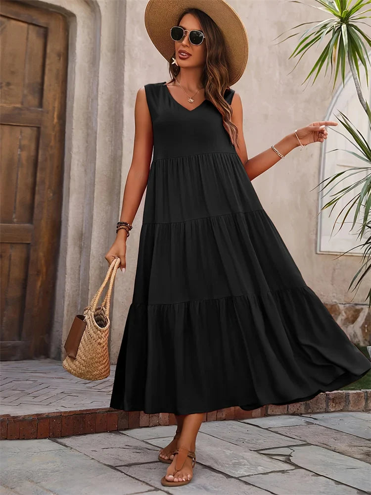 Women's Sleeveless Tiered Maxi Dress – Flowy Summer Style