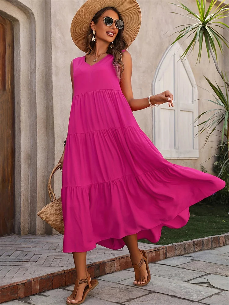 Women's Sleeveless Tiered Maxi Dress – Flowy Summer Style