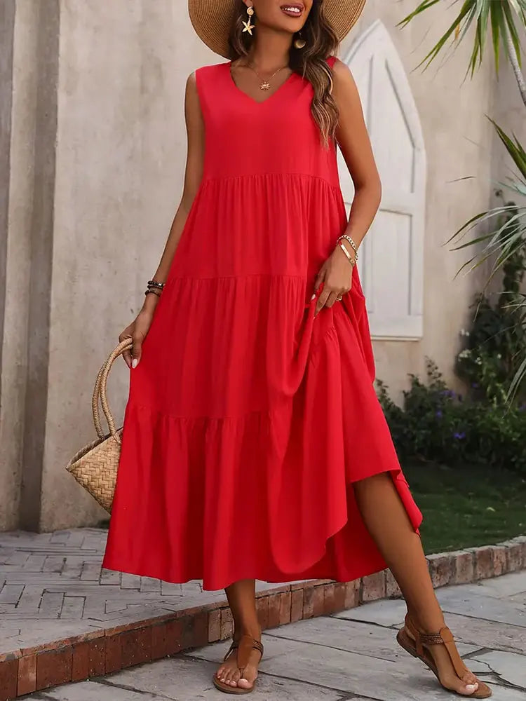 Women's Sleeveless Tiered Maxi Dress – Flowy Summer Style