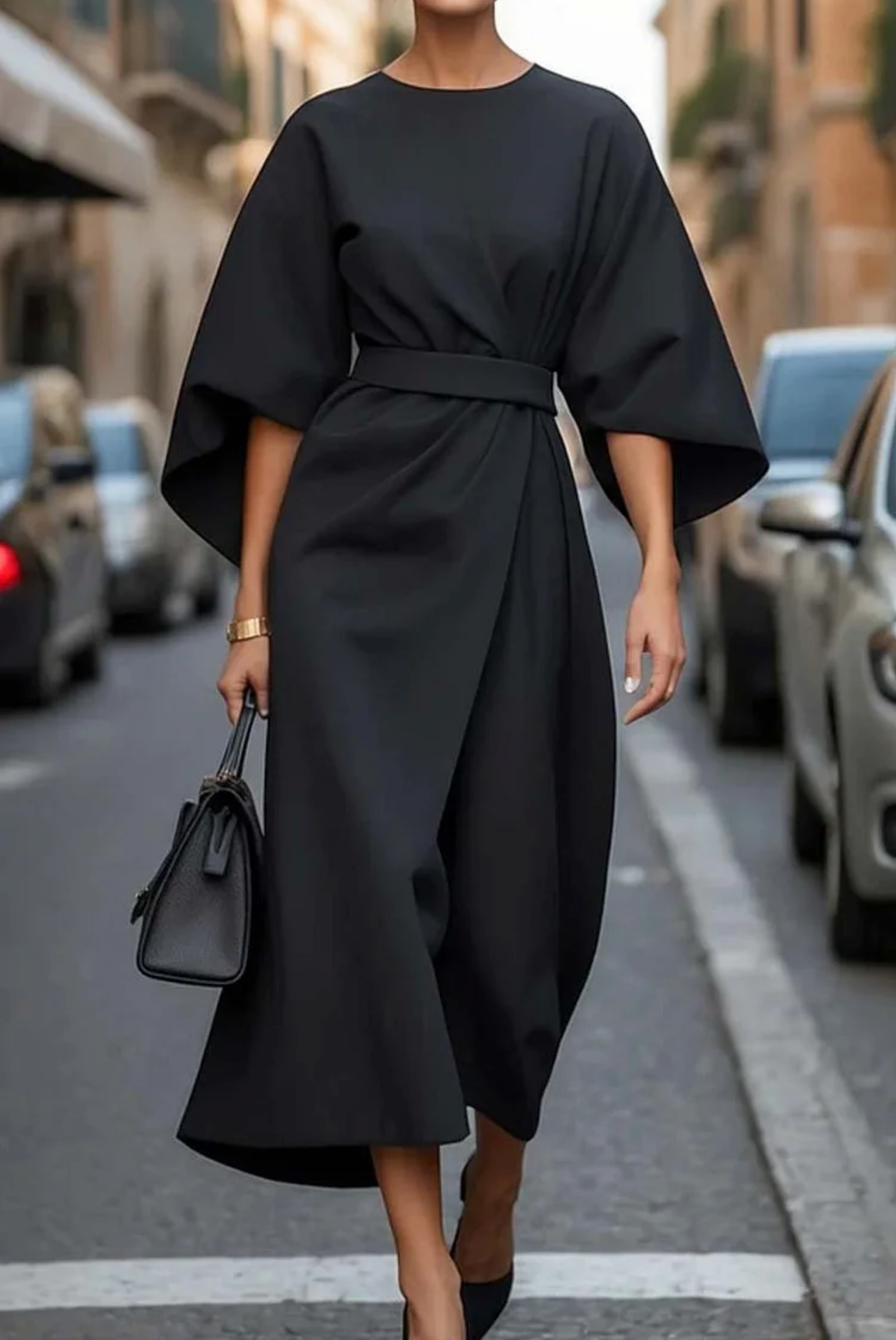 Women's Formal Midi Dress – Wide Sleeve Bold Luxurious Elegant Style