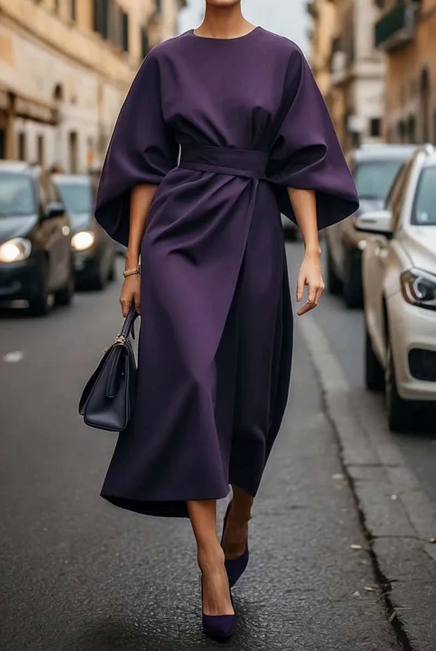 Women's Formal Midi Dress – Wide Sleeve Bold Luxurious Elegant Style
