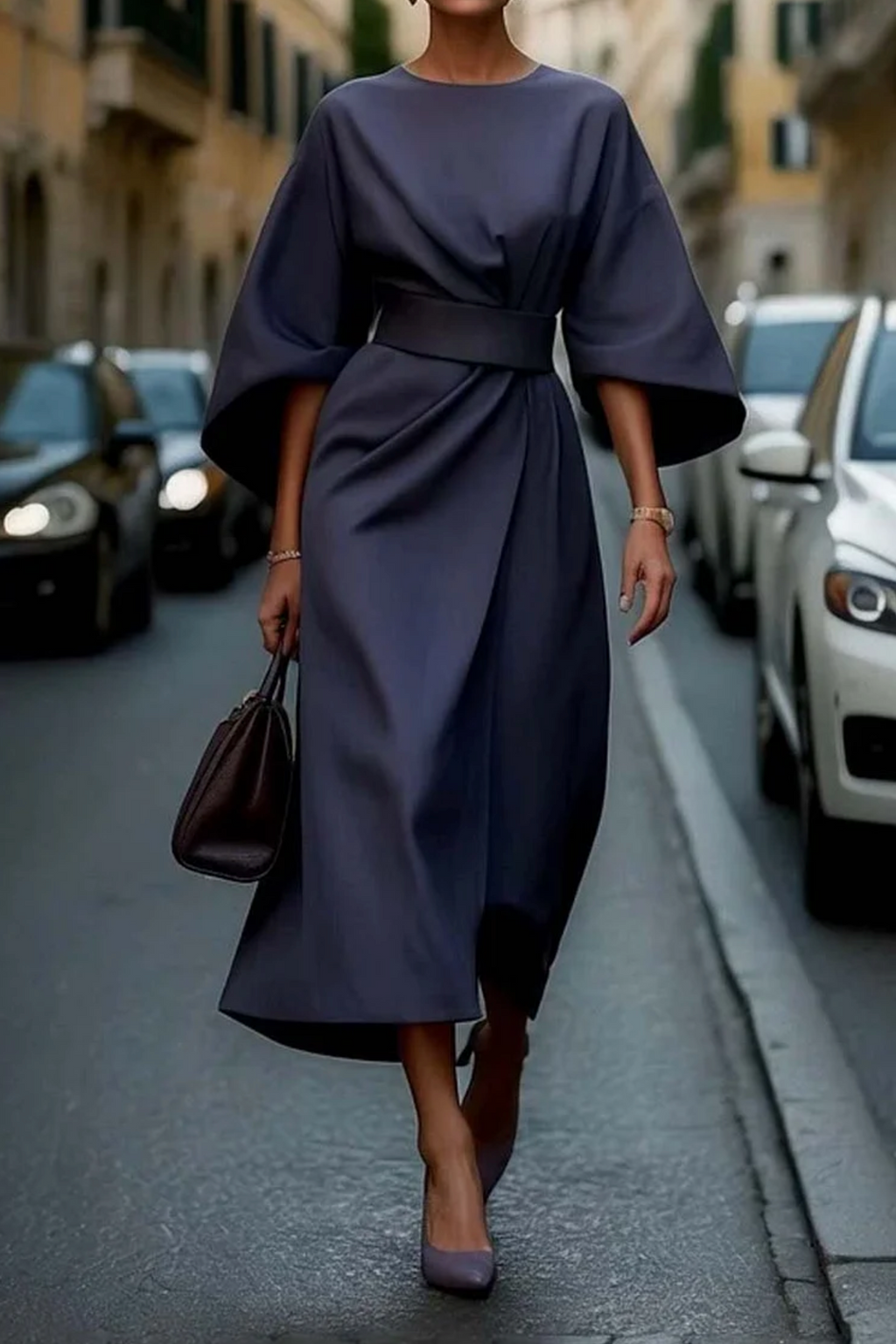 Women's Formal Midi Dress – Wide Sleeve Bold Luxurious Elegant Style