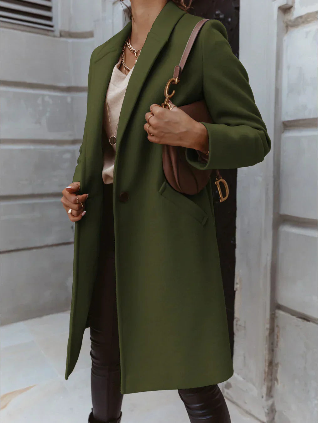 Women's Double-Breasted Long Coat – Trendy Tailored Outerwear Style