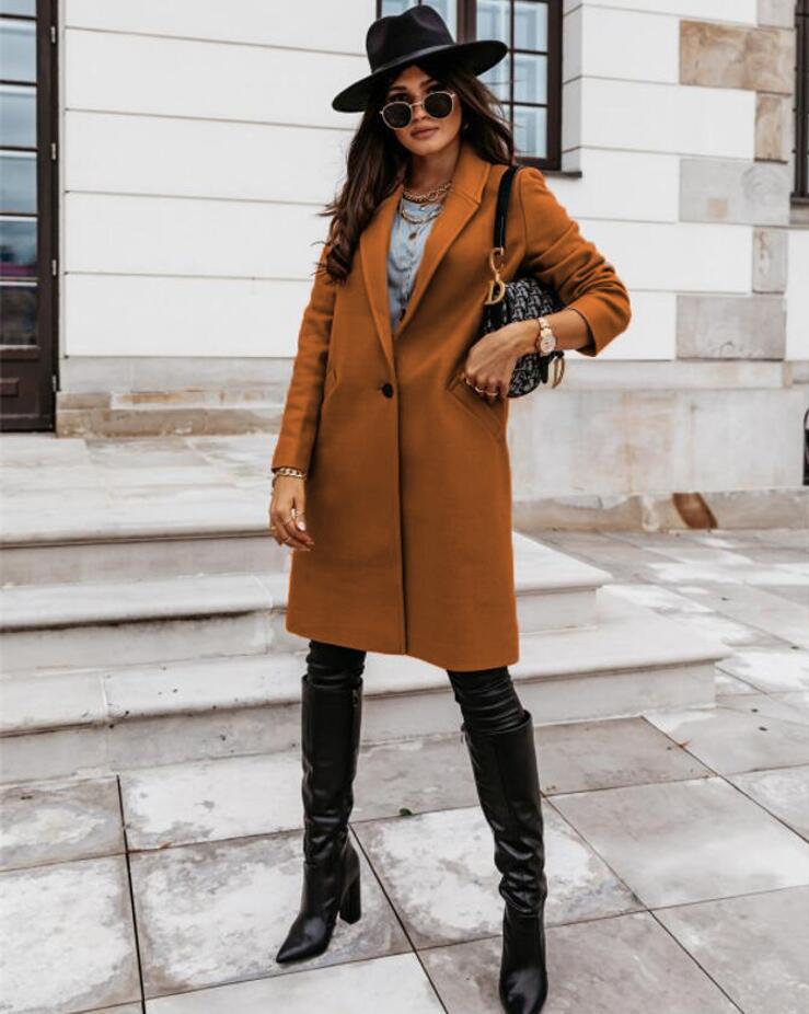 Women's Double-Breasted Long Coat – Trendy Tailored Outerwear Style