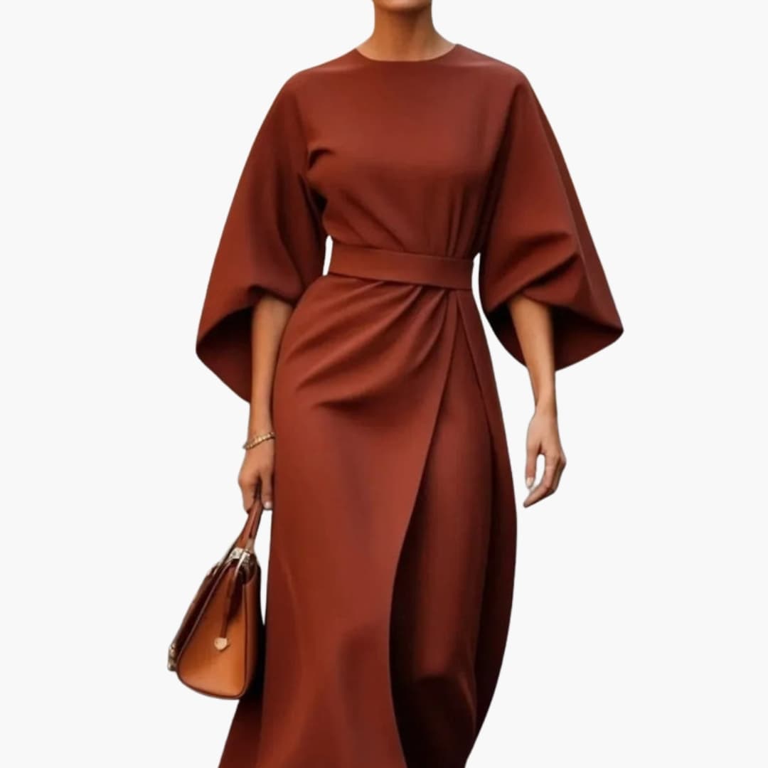 Women's Lantern Sleeve Dress – Waist Belt Detail Feminine Statement Style
