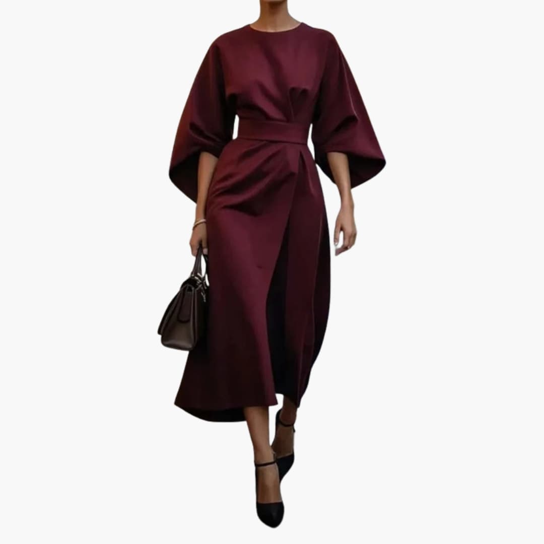 Women's Lantern Sleeve Dress – Waist Belt Detail Feminine Statement Style