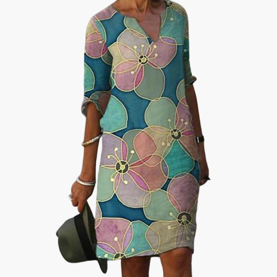 Women's Floral Dress – Round Neck Short Sleeve Garden Party Style