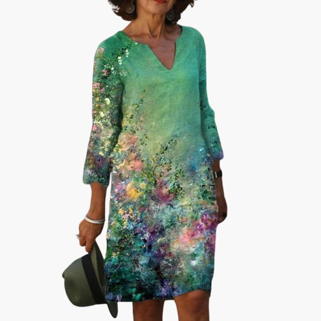 Women's Floral Dress – Round Neck Short Sleeve Garden Party Style