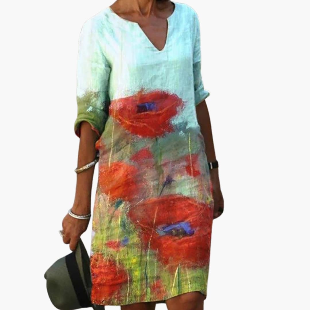 Women's Floral Dress – Round Neck Short Sleeve Garden Party Style