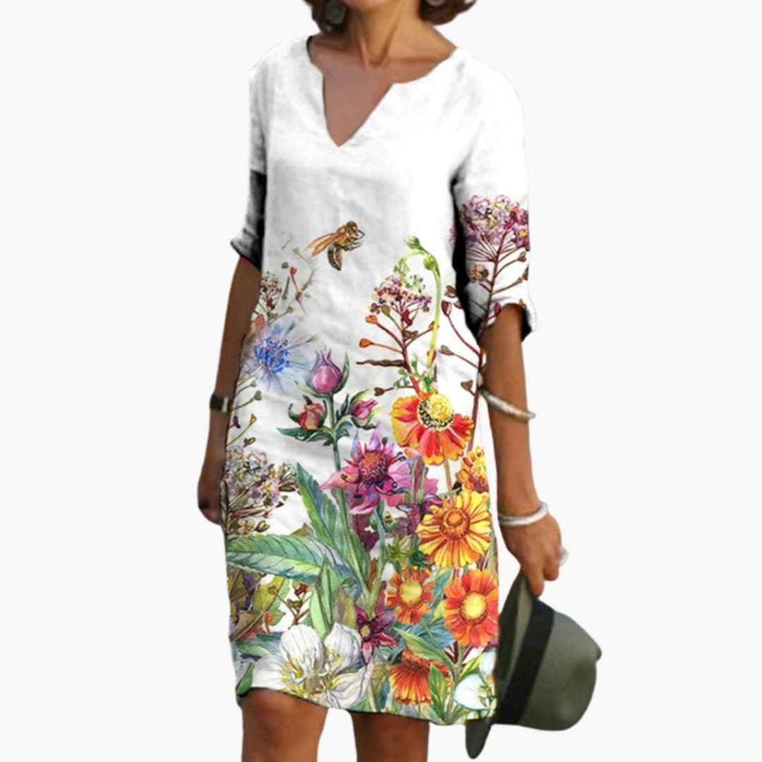 Women's Floral Dress – Round Neck Short Sleeve Garden Party Style