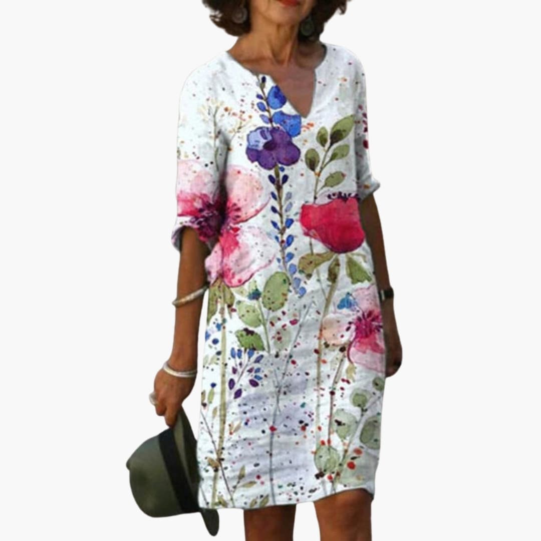Women's Floral Dress – Round Neck Short Sleeve Garden Party Style