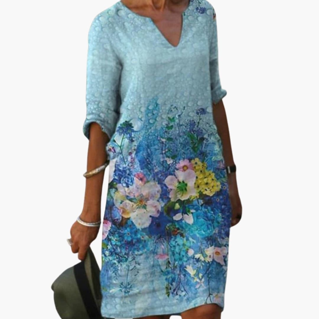 Women's Floral Dress – Round Neck Short Sleeve Garden Party Style