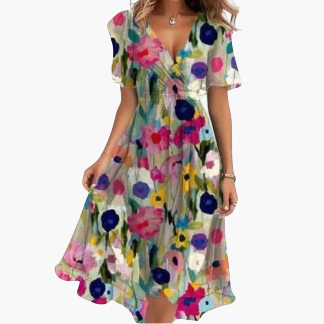 Women's Floral V-Neck Midi Dress – Short Sleeve Feminine Day Dress