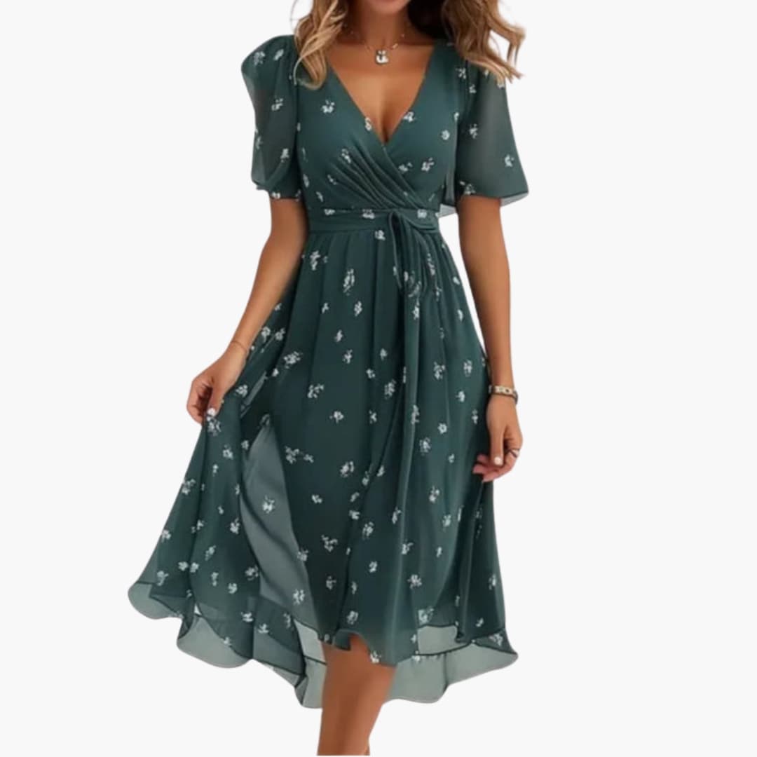 Women's Floral V-Neck Midi Dress – Short Sleeve Feminine Day Dress