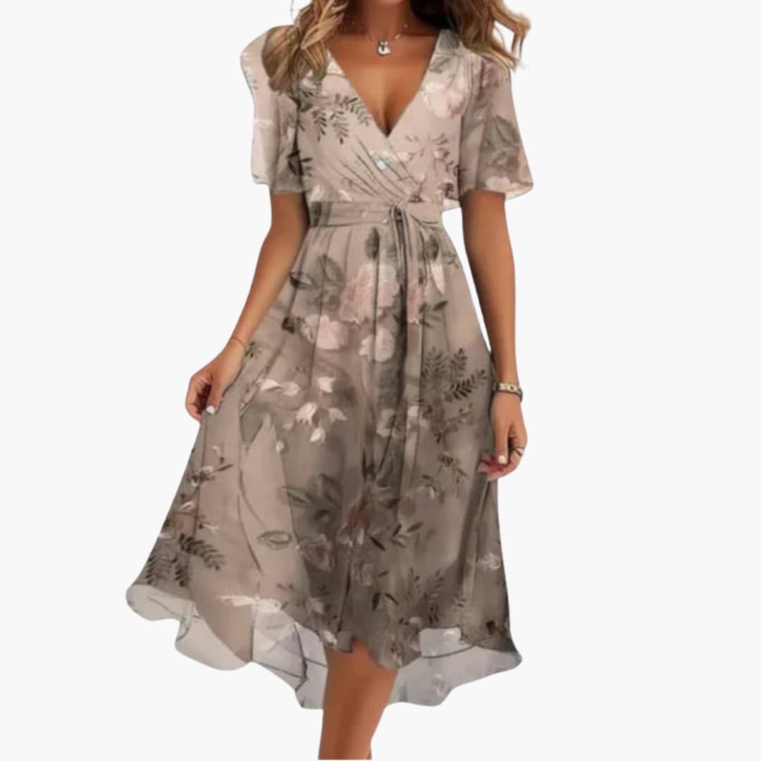 Women's Floral V-Neck Midi Dress – Short Sleeve Feminine Day Dress