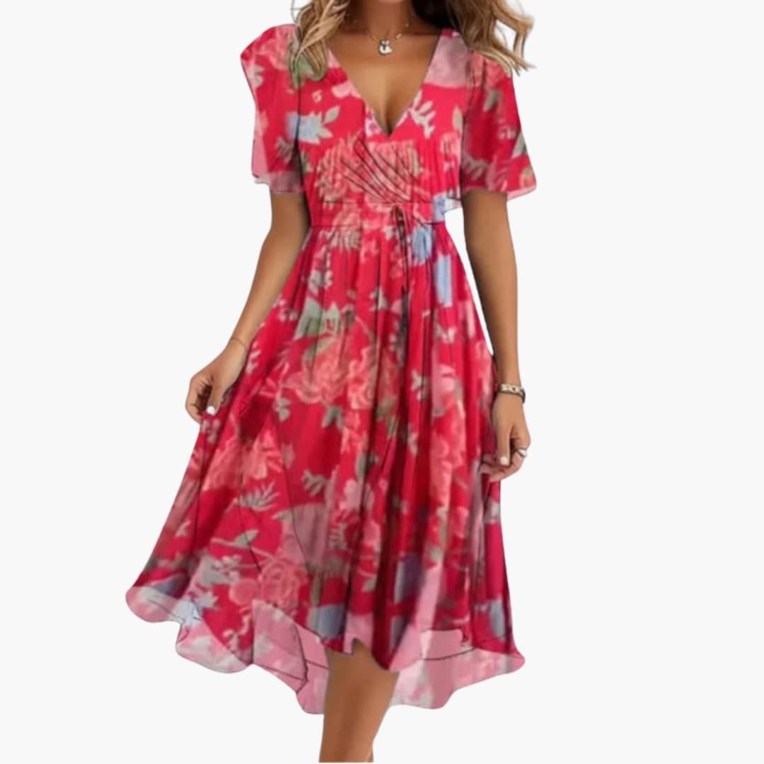 Women's Floral V-Neck Midi Dress – Short Sleeve Feminine Day Dress