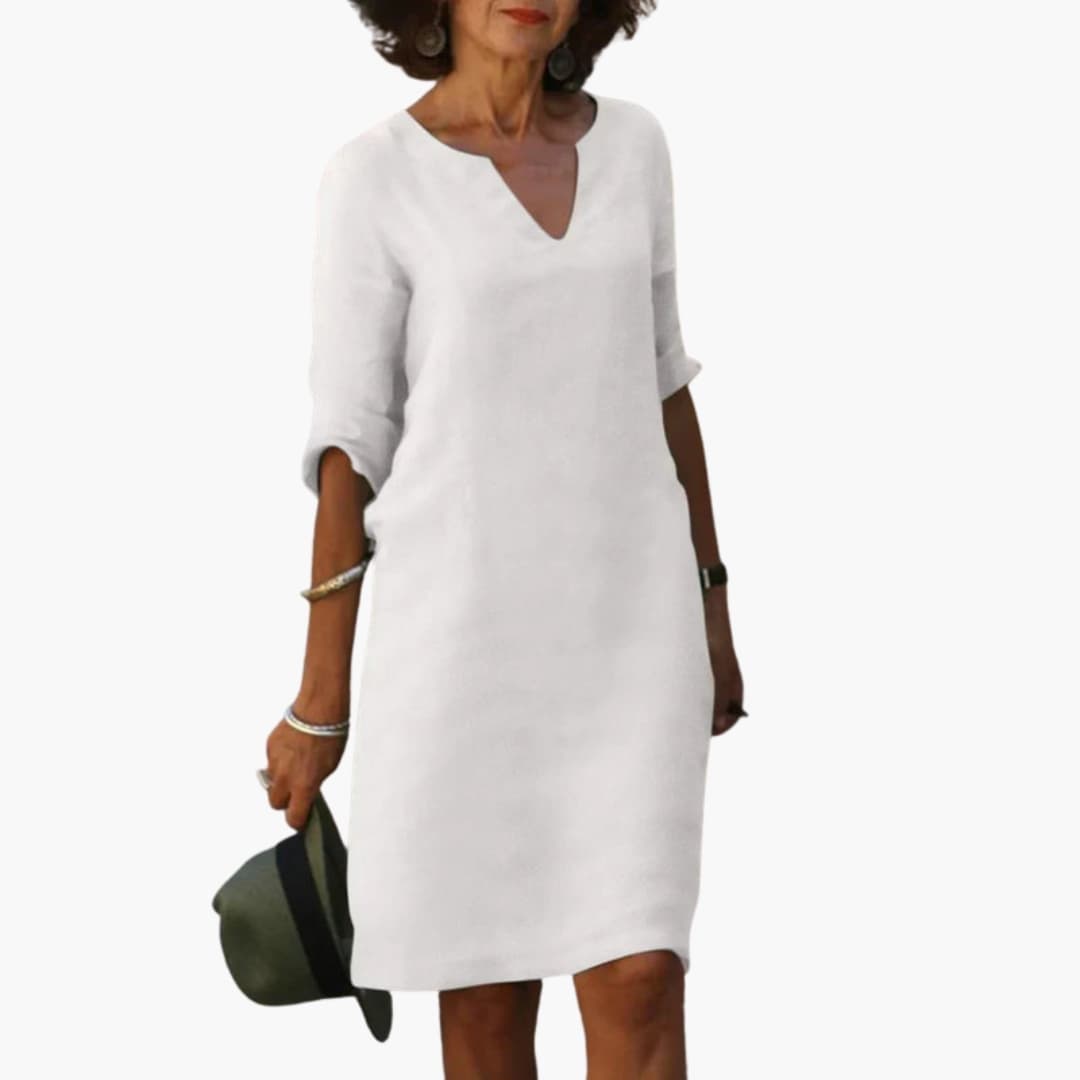 Women's Knee-Length V-Neck Dress – Three-Quarter Sleeves Classic Everyday Elegance