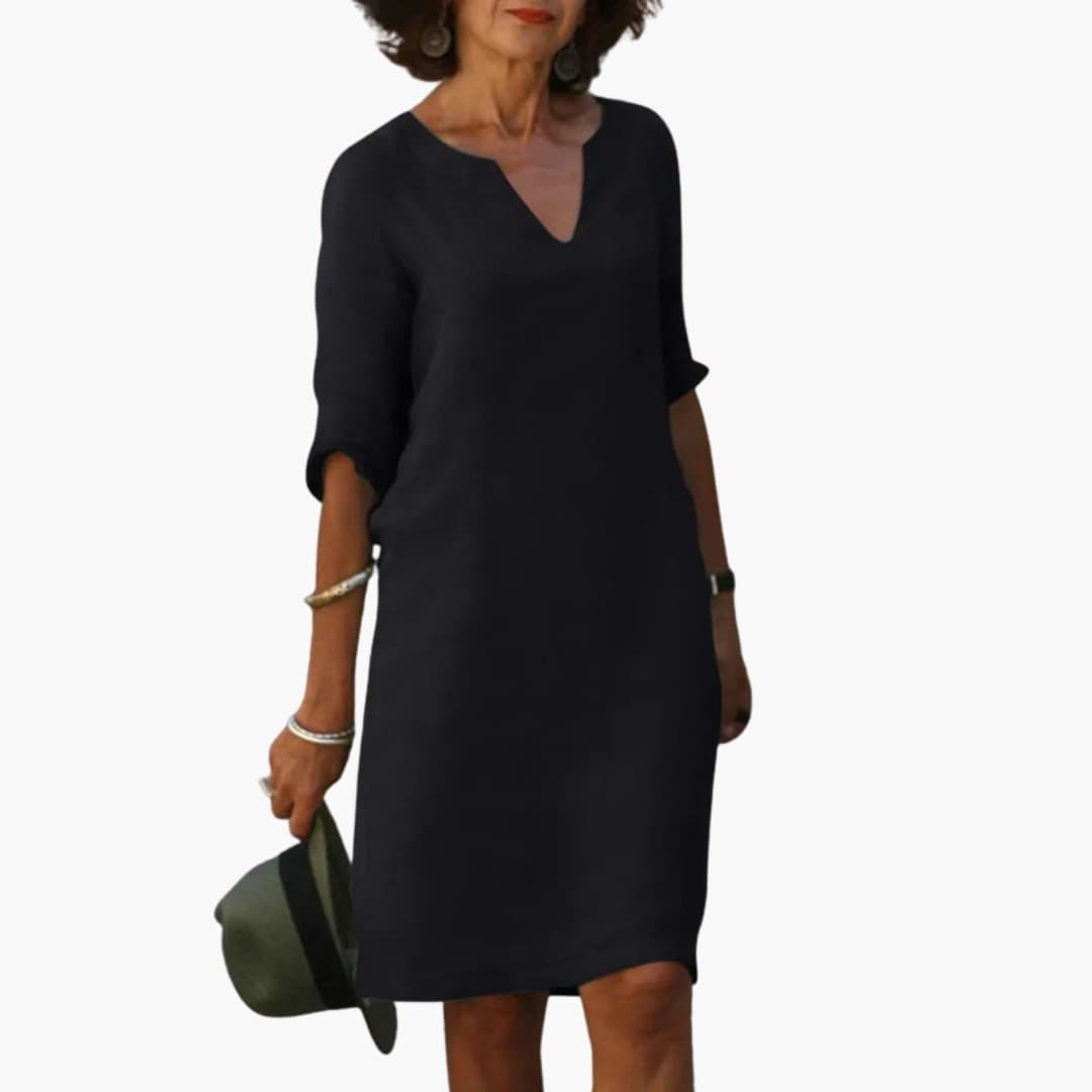 Women's Knee-Length V-Neck Dress – Three-Quarter Sleeves Classic Everyday Elegance