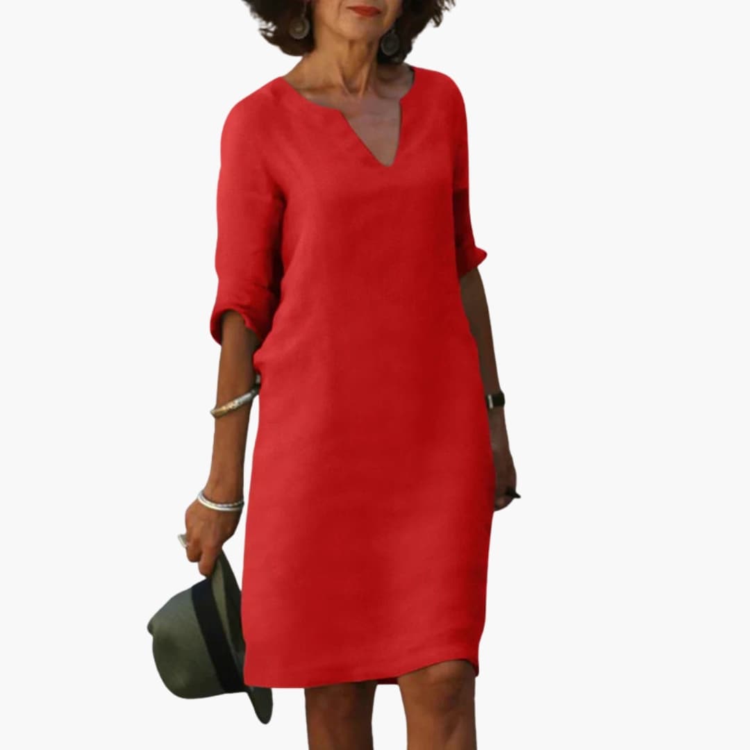Women's Knee-Length V-Neck Dress – Three-Quarter Sleeves Classic Everyday Elegance