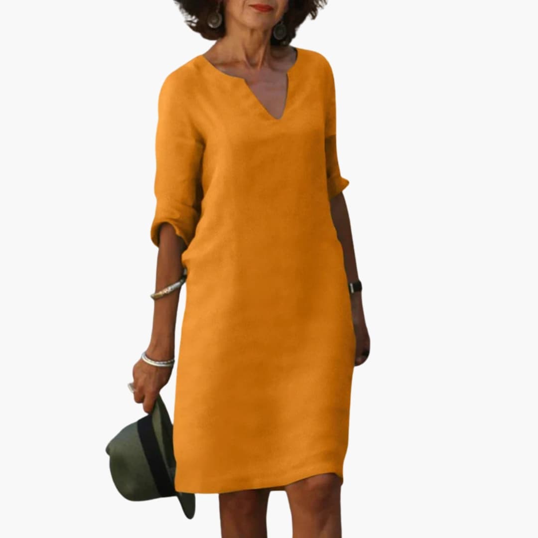 Women's Knee-Length V-Neck Dress – Three-Quarter Sleeves Classic Everyday Elegance