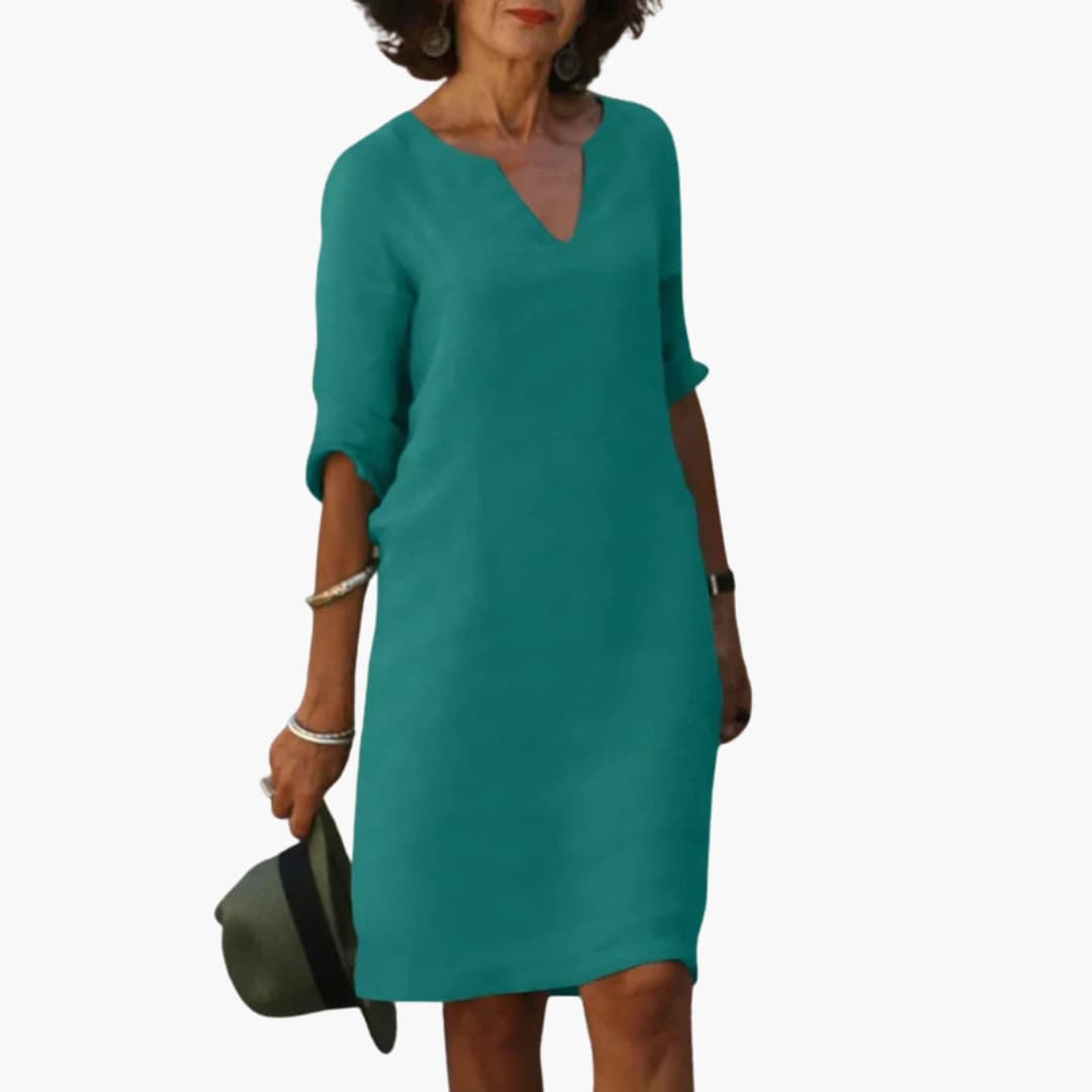 Women's Knee-Length V-Neck Dress – Three-Quarter Sleeves Classic Everyday Elegance