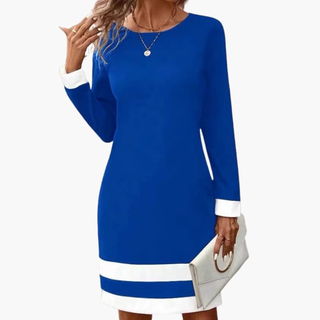 Women's Long Sleeve Midi Dress – Round Neck Contrast Cuff Elegant Style