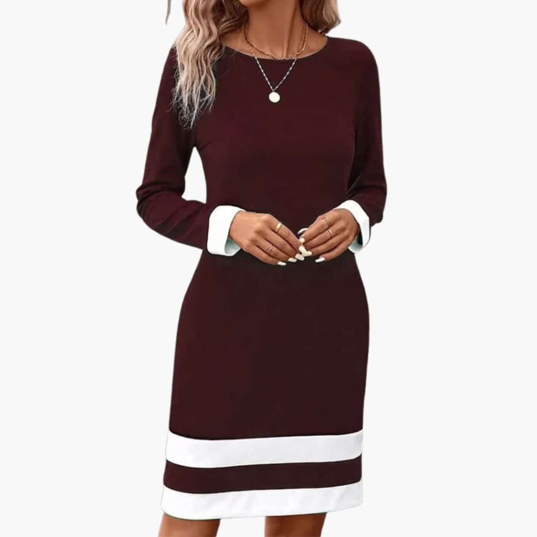 Women's Long Sleeve Midi Dress – Round Neck Contrast Cuff Elegant Style