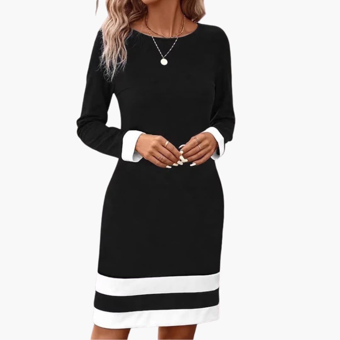 Women's Long Sleeve Midi Dress – Round Neck Contrast Cuff Elegant Style