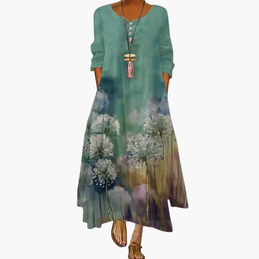 Women's Long Sleeve Pocket Dress – Round Neck Comfortable Everyday Style