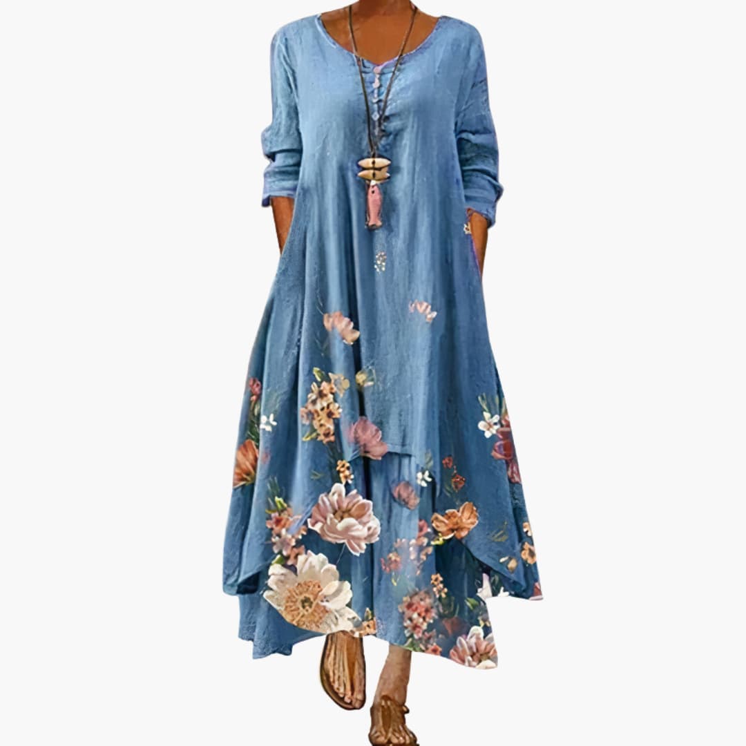 Women's Long Sleeve Pocket Dress – Round Neck Comfortable Everyday Style