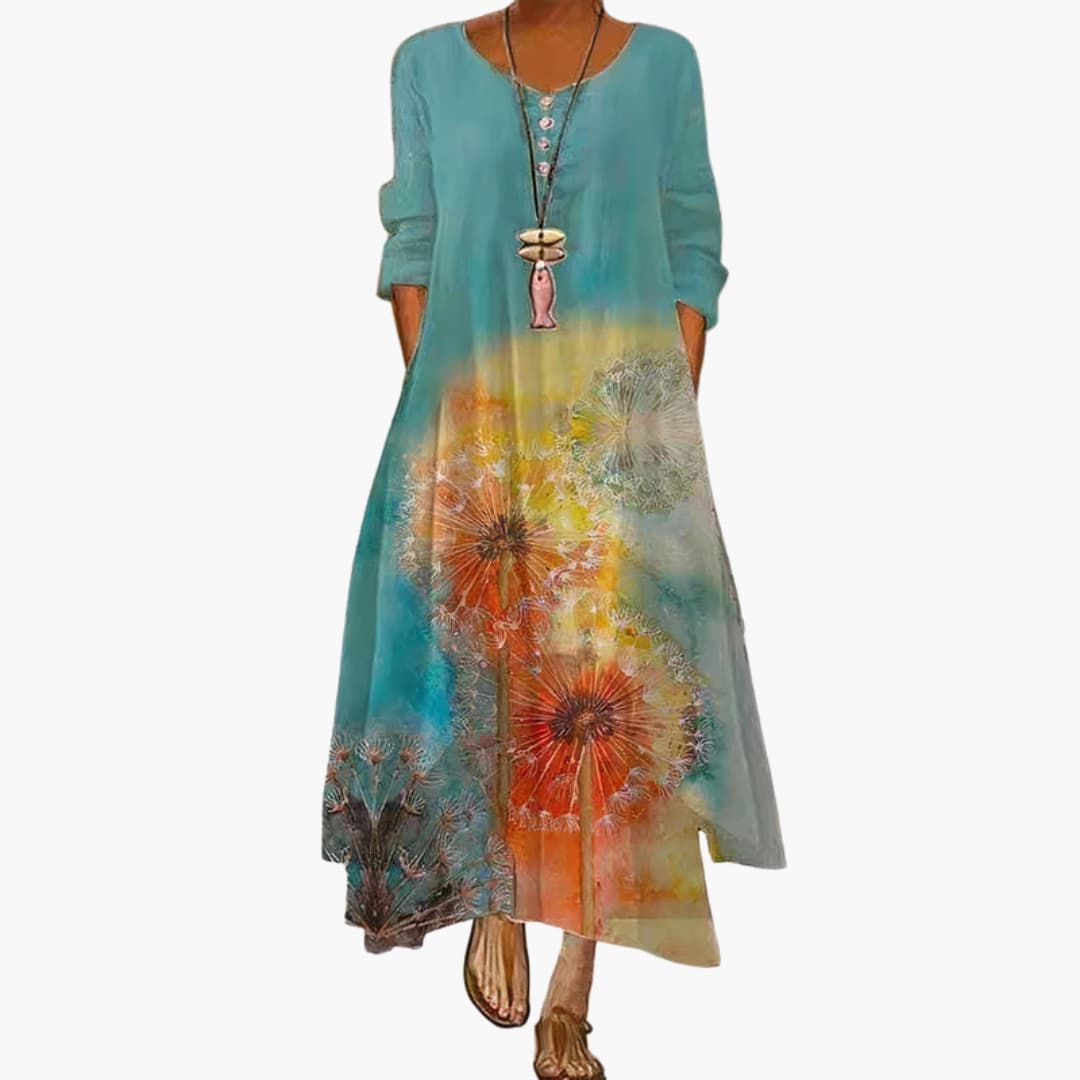 Women's Long Sleeve Pocket Dress – Round Neck Comfortable Everyday Style