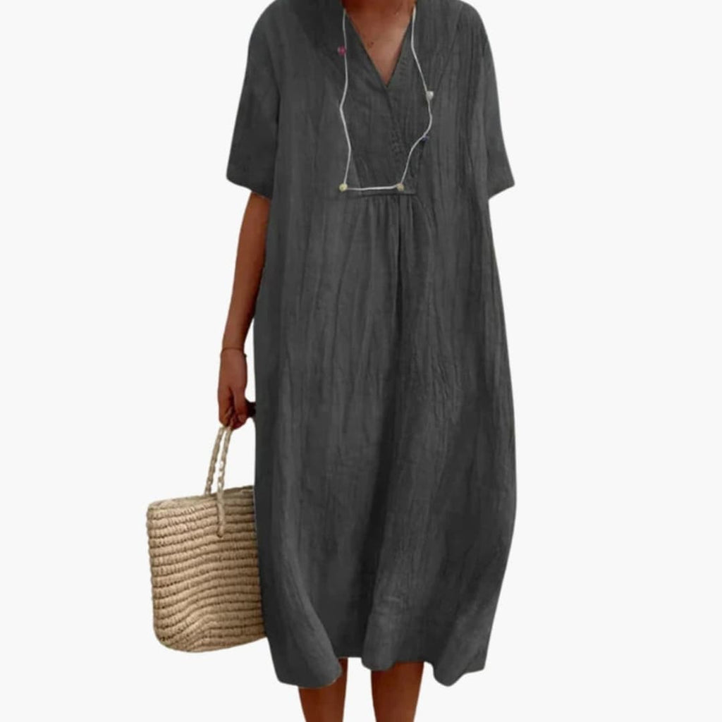 Women's V-Neck Midi Dress – Loose Fit Short Sleeves Casual Everyday Wear