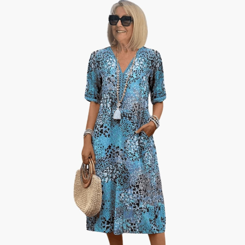 Women's Casual V-Neck Midi Dress – Short Sleeve Loose Fit Summer Style