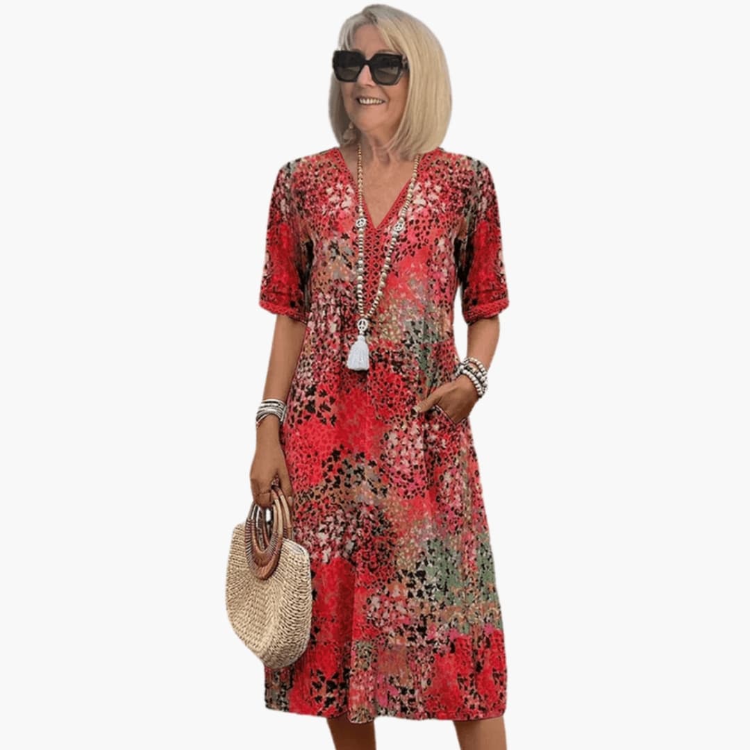 Women's Casual V-Neck Midi Dress – Short Sleeve Loose Fit Summer Style