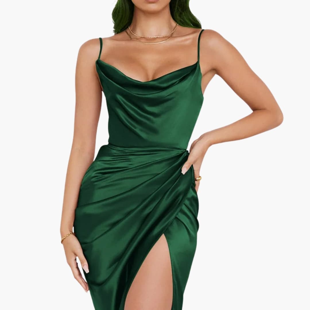 Women's Satin Dress – Thin Straps Ruffled Hem Elegant Evening Style