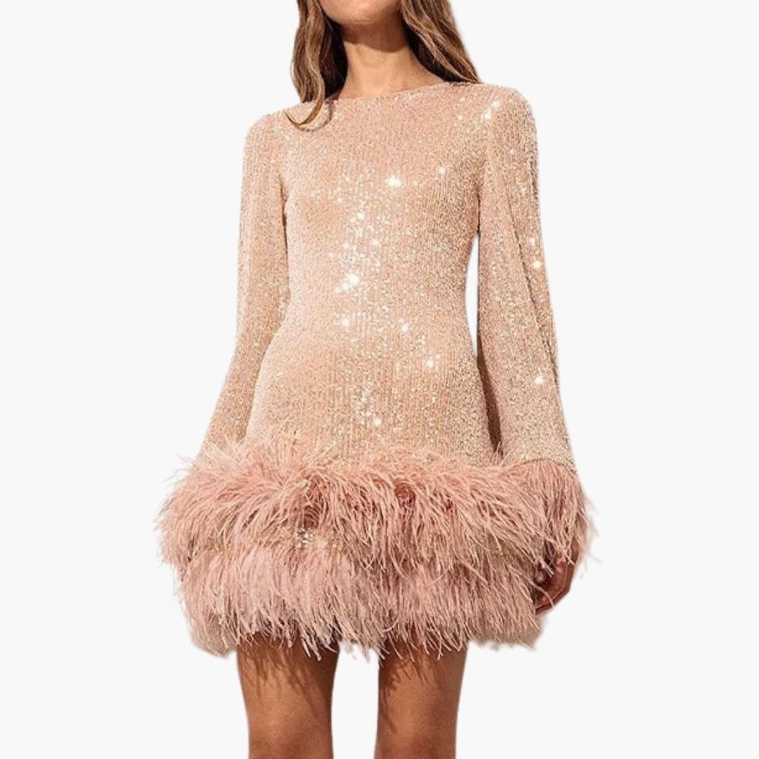 Women's Sequin Dress – Feather-Trim Hem Glamorous Party Statement
