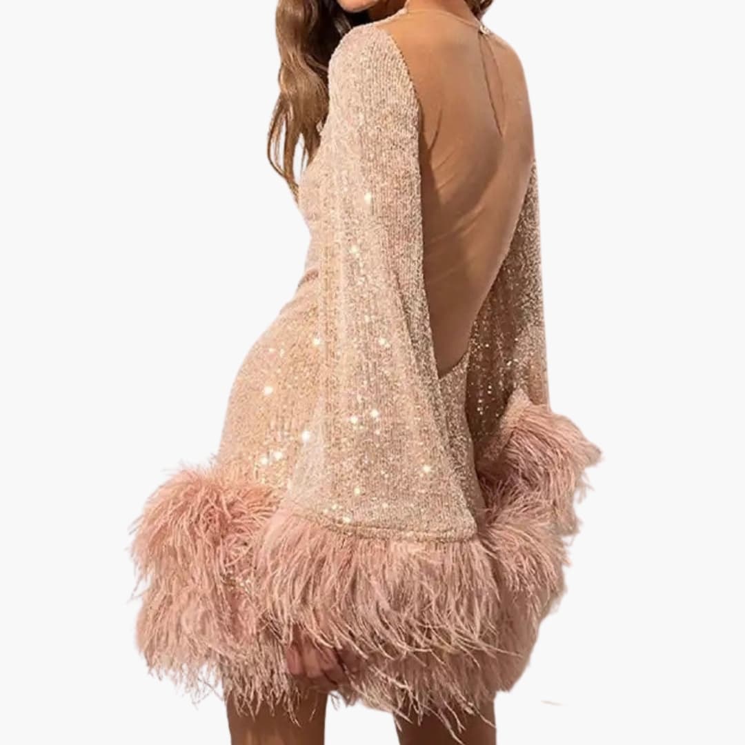 Women's Sequin Dress – Feather-Trim Hem Glamorous Party Statement