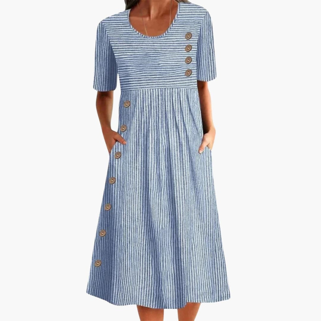 Women's Striped Button-Front Midi Dress – 3/4 Sleeve Everyday Chic