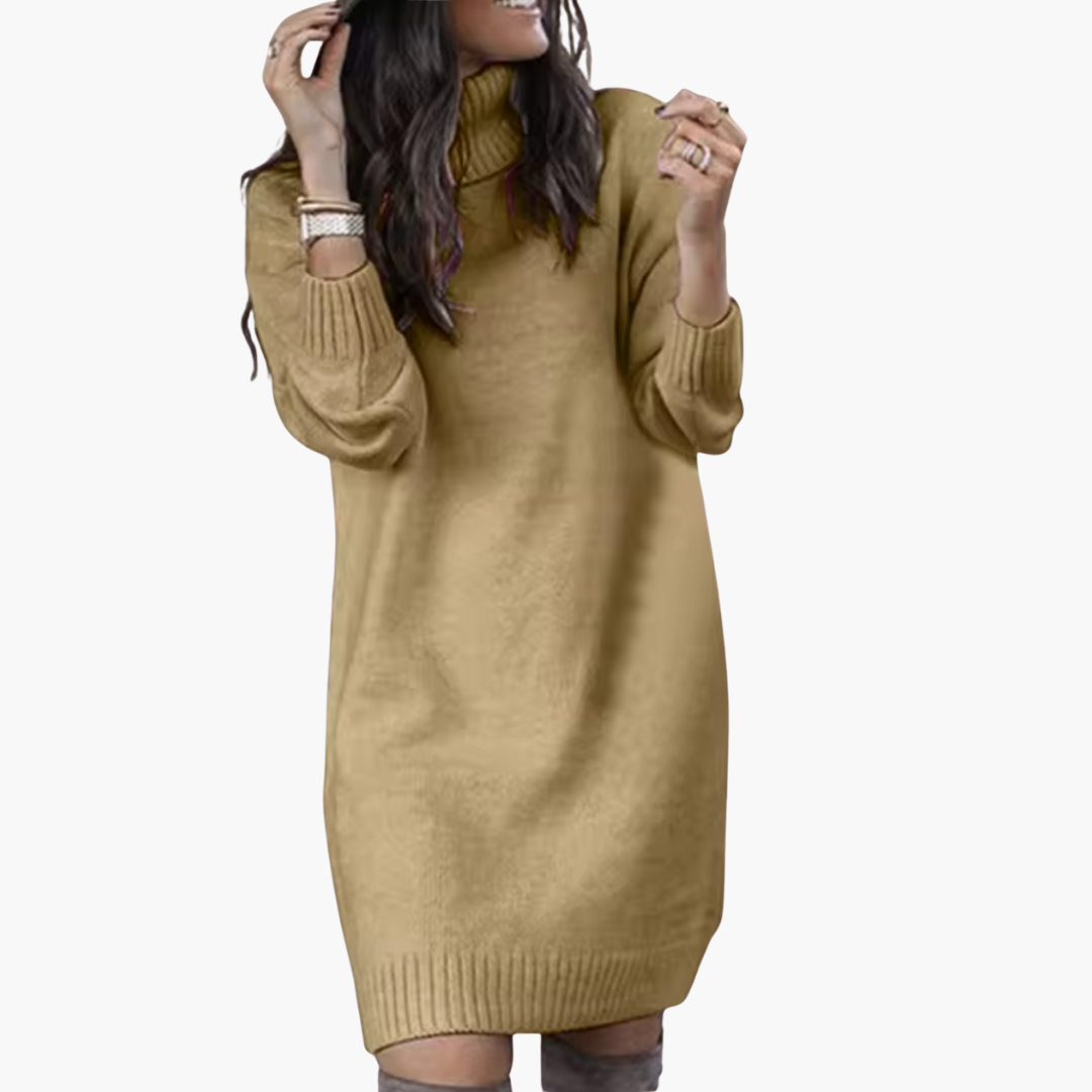 Women’s Turtleneck Sweater Dress with Long Sleeves and Ribbed Hem