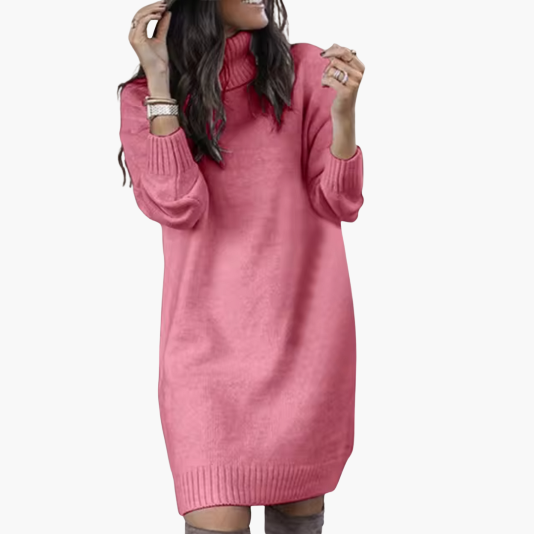Women’s Turtleneck Sweater Dress with Long Sleeves and Ribbed Hem