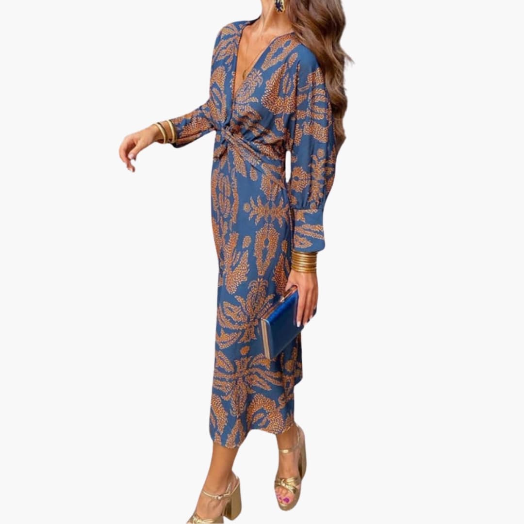 Women's Floral Long Sleeve Midi Dress – V-Neck Elegant Everyday Style