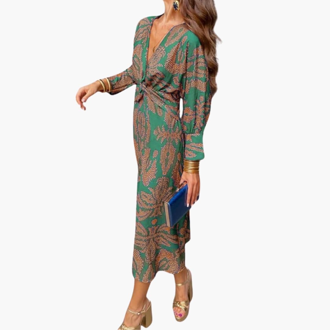 Women's Floral Long Sleeve Midi Dress – V-Neck Elegant Everyday Style
