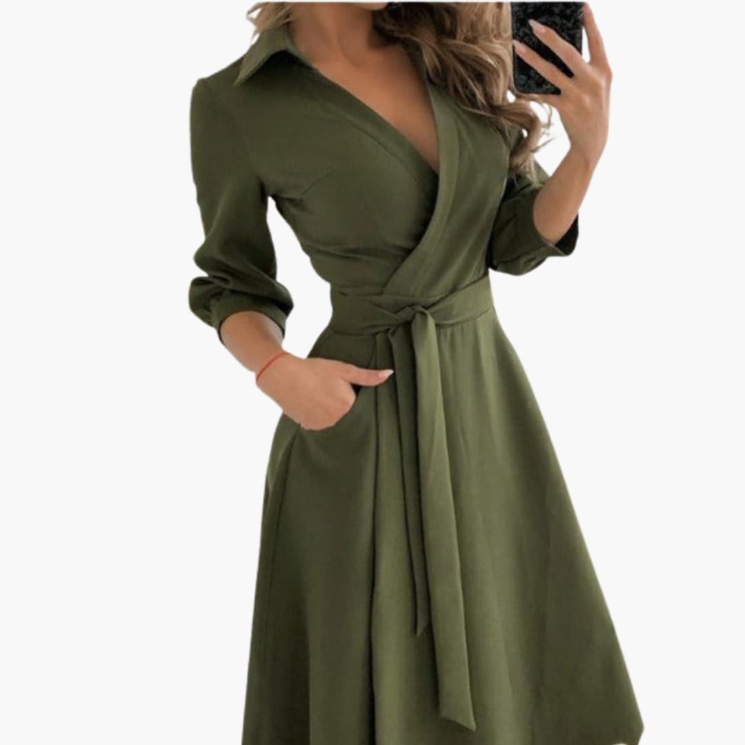 Women’s Wrap Dress with Belt-Long Sleeves-and Side Pockets