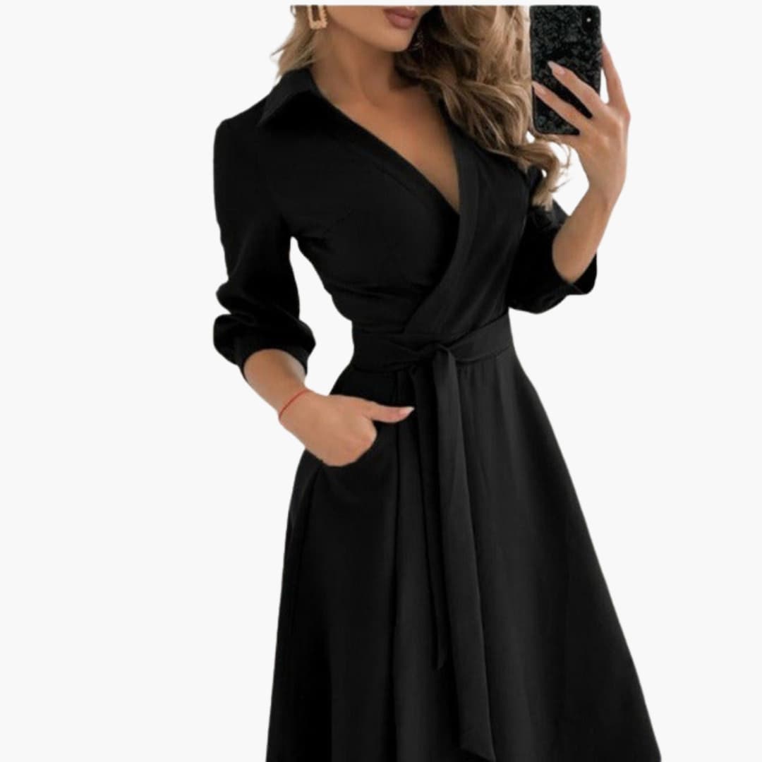 Women’s Wrap Dress with Belt-Long Sleeves-and Side Pockets