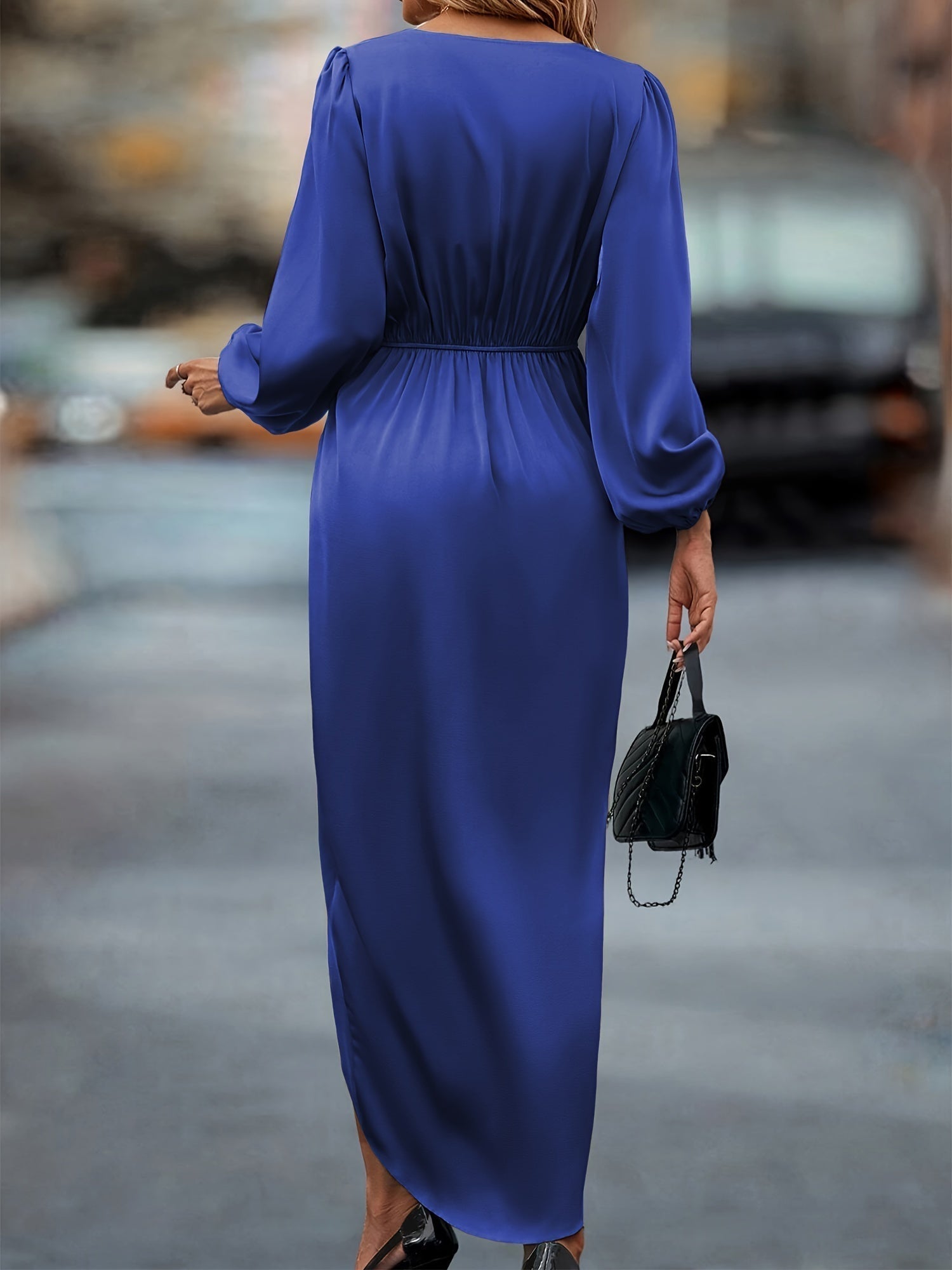 Women's Satin Balloon Sleeve Midi Dress – Asymmetric Hem Elegant Evening Gown