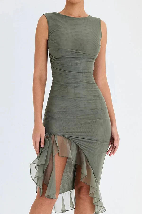 Women's Ruched Sleeveless Midi Dress – Wedding Guest Elegant Style