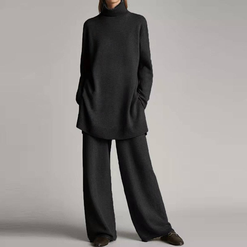 Women's Knit Lounge Set – Soft Turtleneck and Flared Pants Style